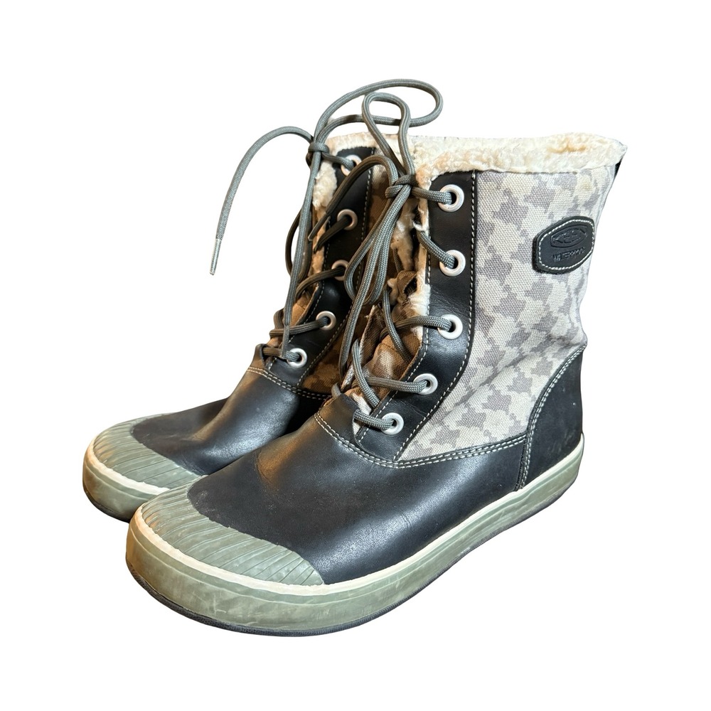 Keen Elsa Waterproof Boots Womens 8 Black Houndstooth Faux Fur Winter Snow